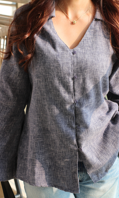 Blue-Charcoal Textured Flared Sleeve Shirt
