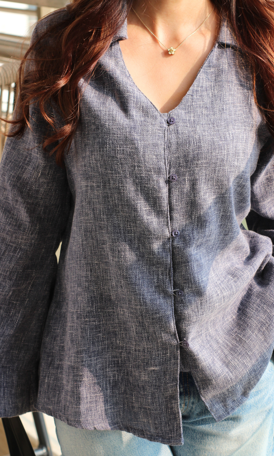 Blue-Charcoal Textured Flared Sleeve Shirt