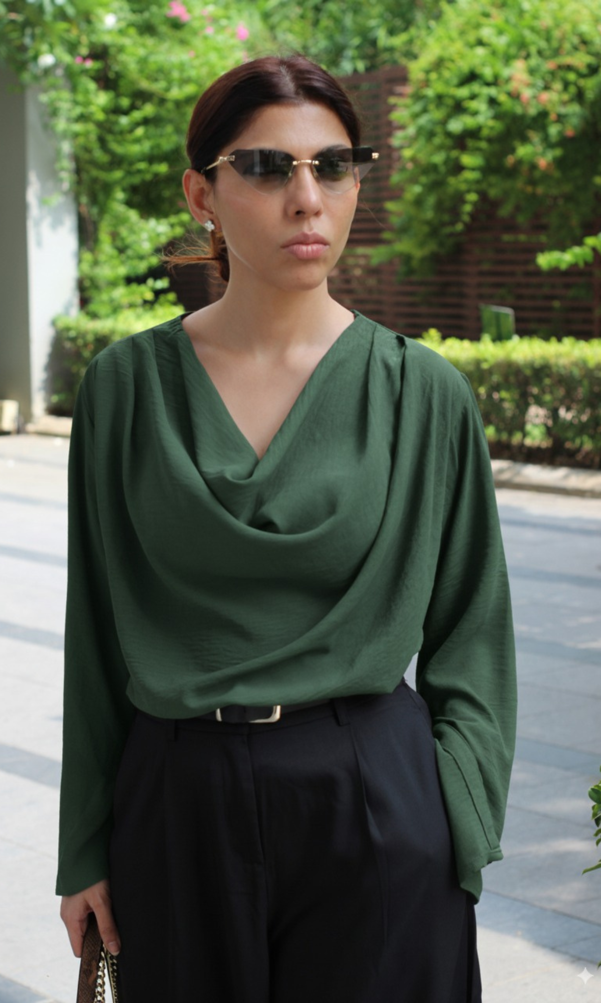 Bottle Green Slit Sleeves Cowl Neck Top