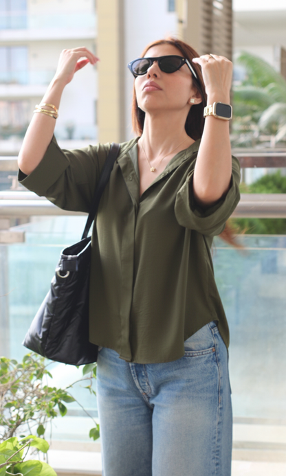 Olive green loose shirt featuring subtle sheen and lightweight fabric