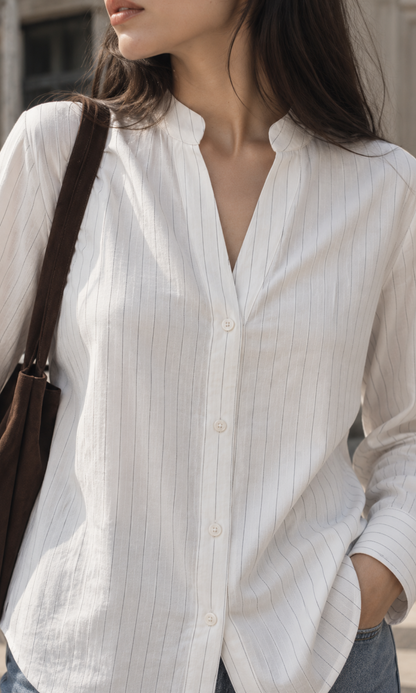 Pinstripe Mandarin-Collar Shirt