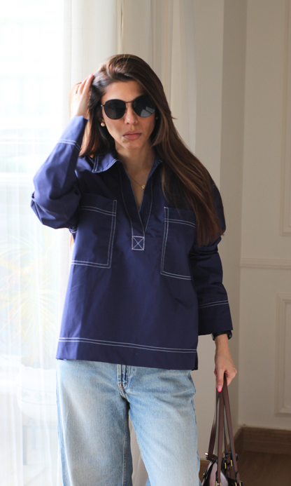 Cobalt Blue Contrast Stitch Utility Pocket Top