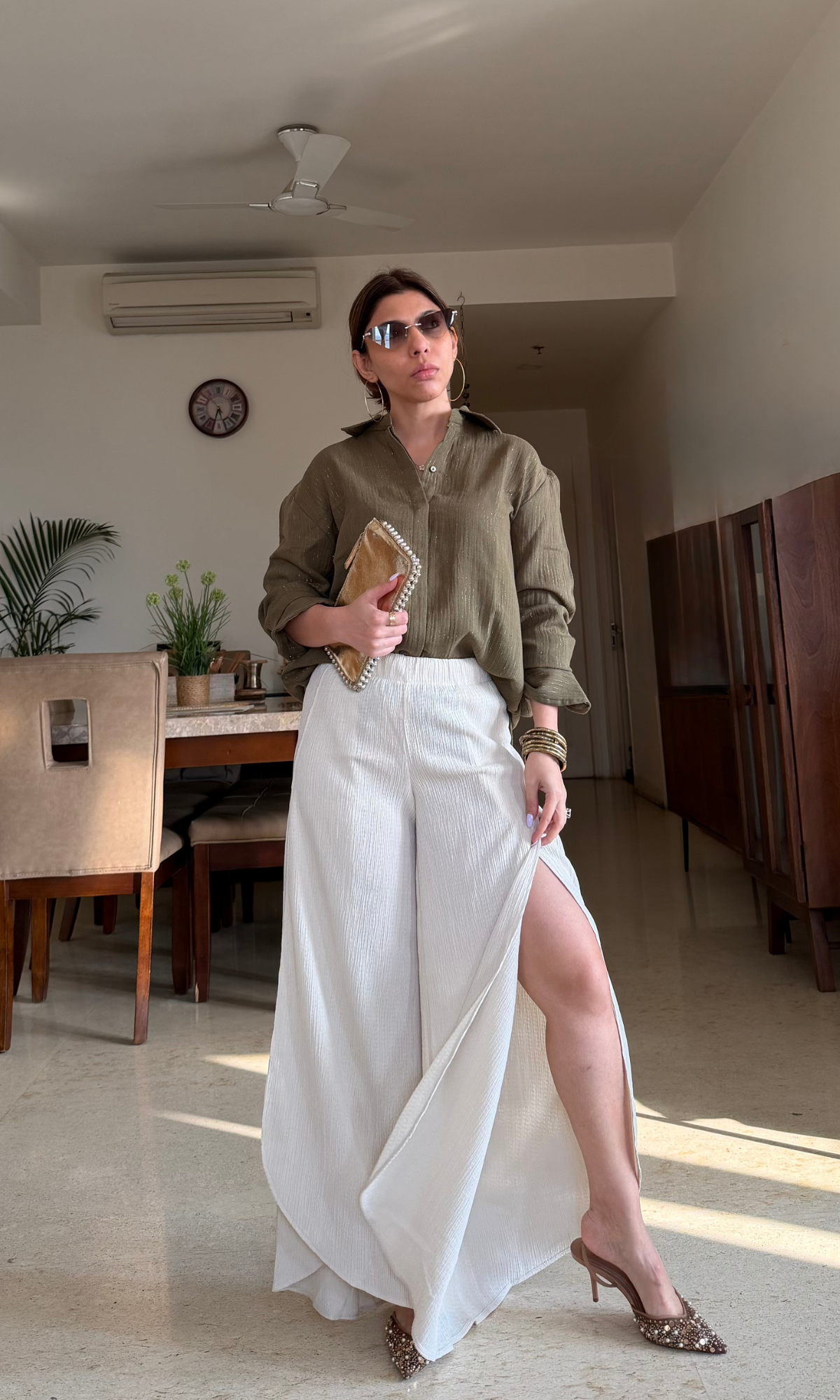Olive Lurex Flowing Shirt