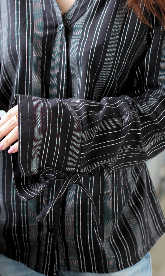 Black Striped String Detail Cotton Shirt