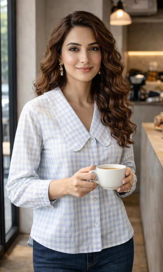 Blue Gingham-Check Peter Pan Collared Shirt