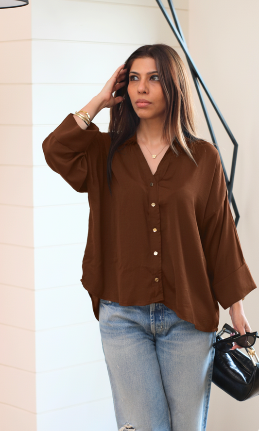Brown Sleeved Metallic Buttoned Shirt