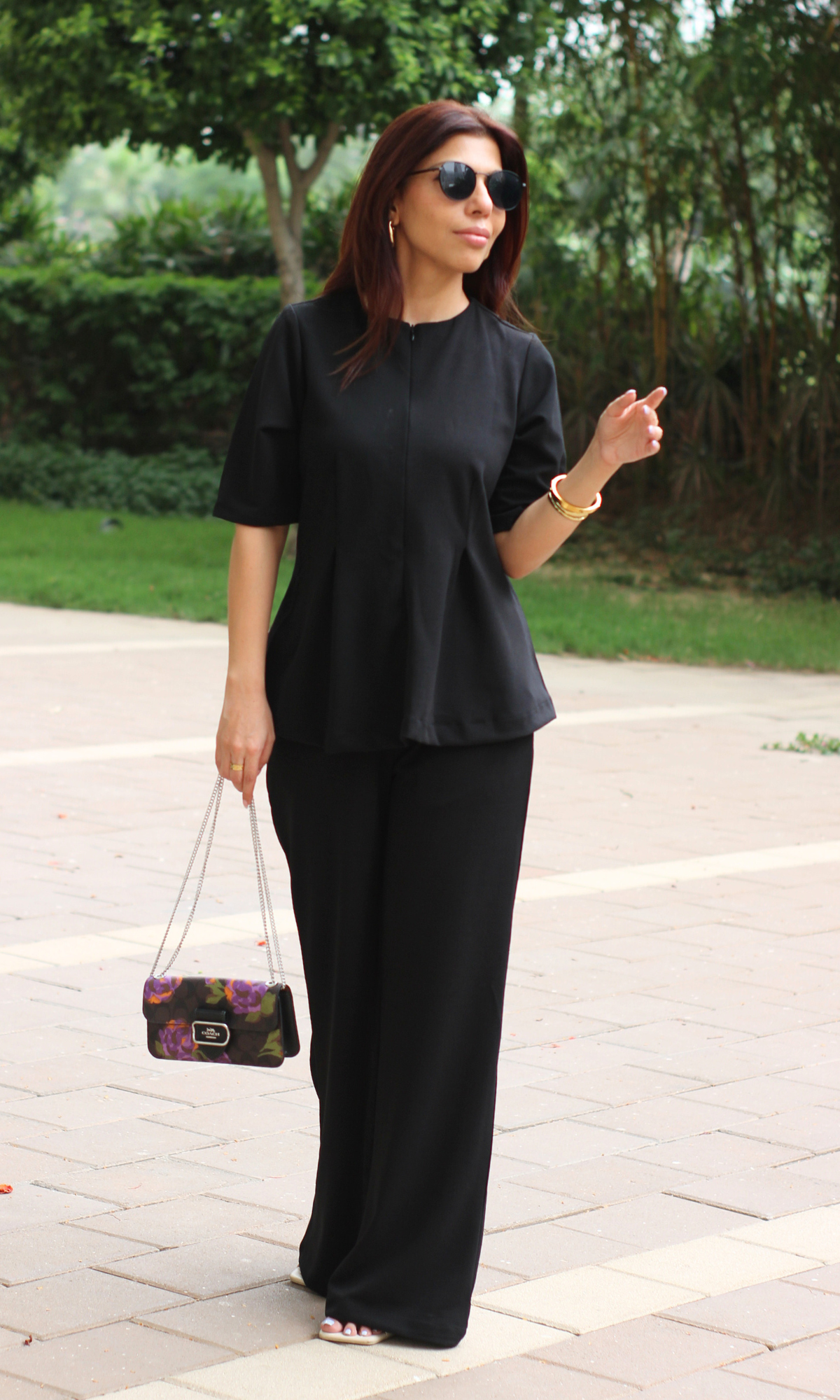 Black Sleeved Sleek-Pleat Detail and Flared Pants Co-ord