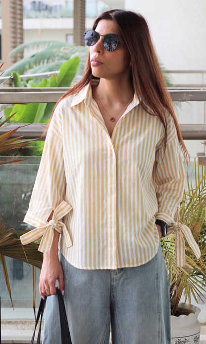 Bow Detail Oat Beige Striped Shirt