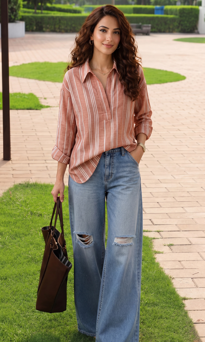 Terracotta Striped Popover Top