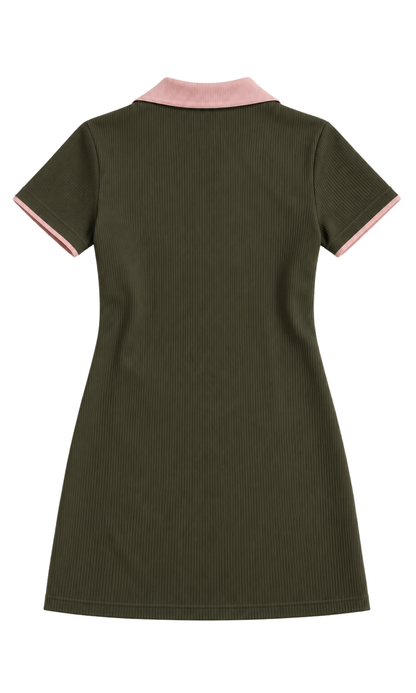 Olive Preppy Polo Dress with Contrast Collar
