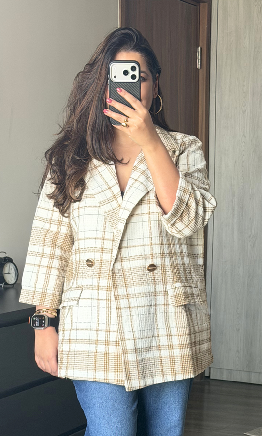 White Beige Checked Cotton Blazer