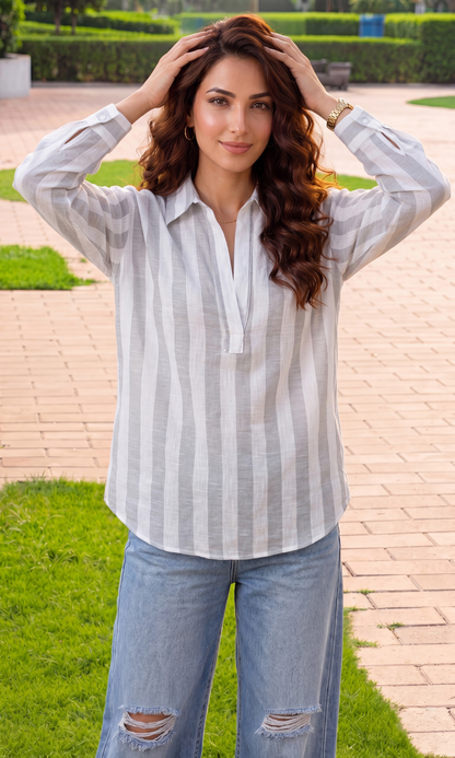 Open Placket Stripe Pullover Top