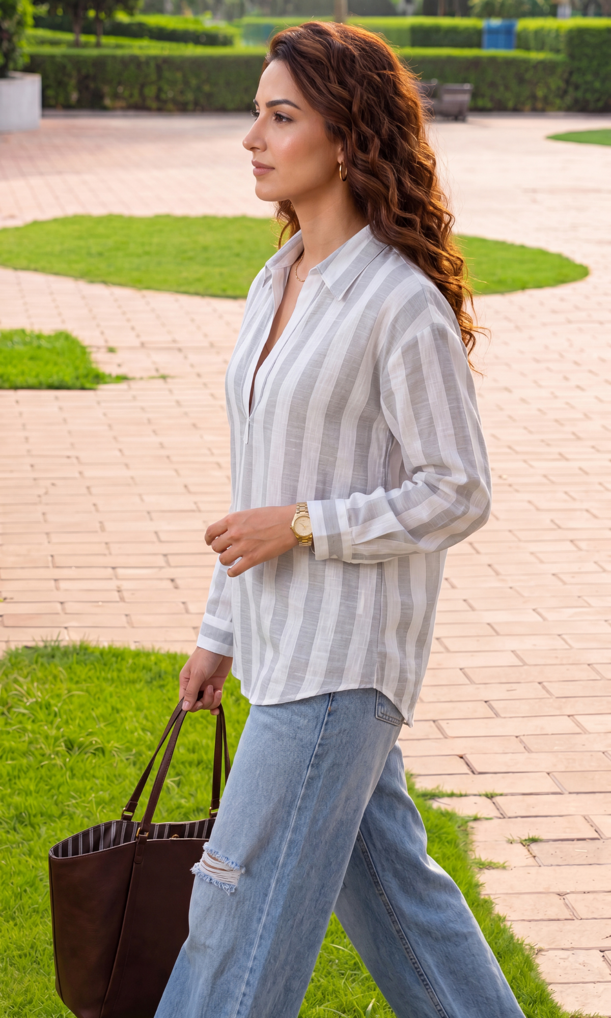 Open Placket Stripe Pullover Top