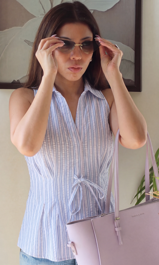 Pink Navy Stripe Tie Detail Top