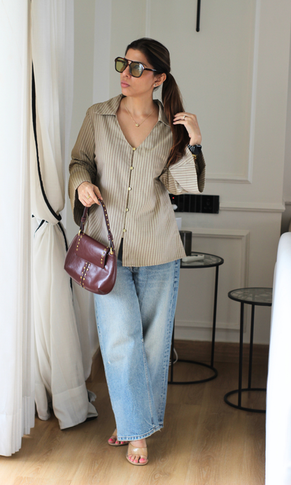 Olive Stripe Flared Sleeve Shirt