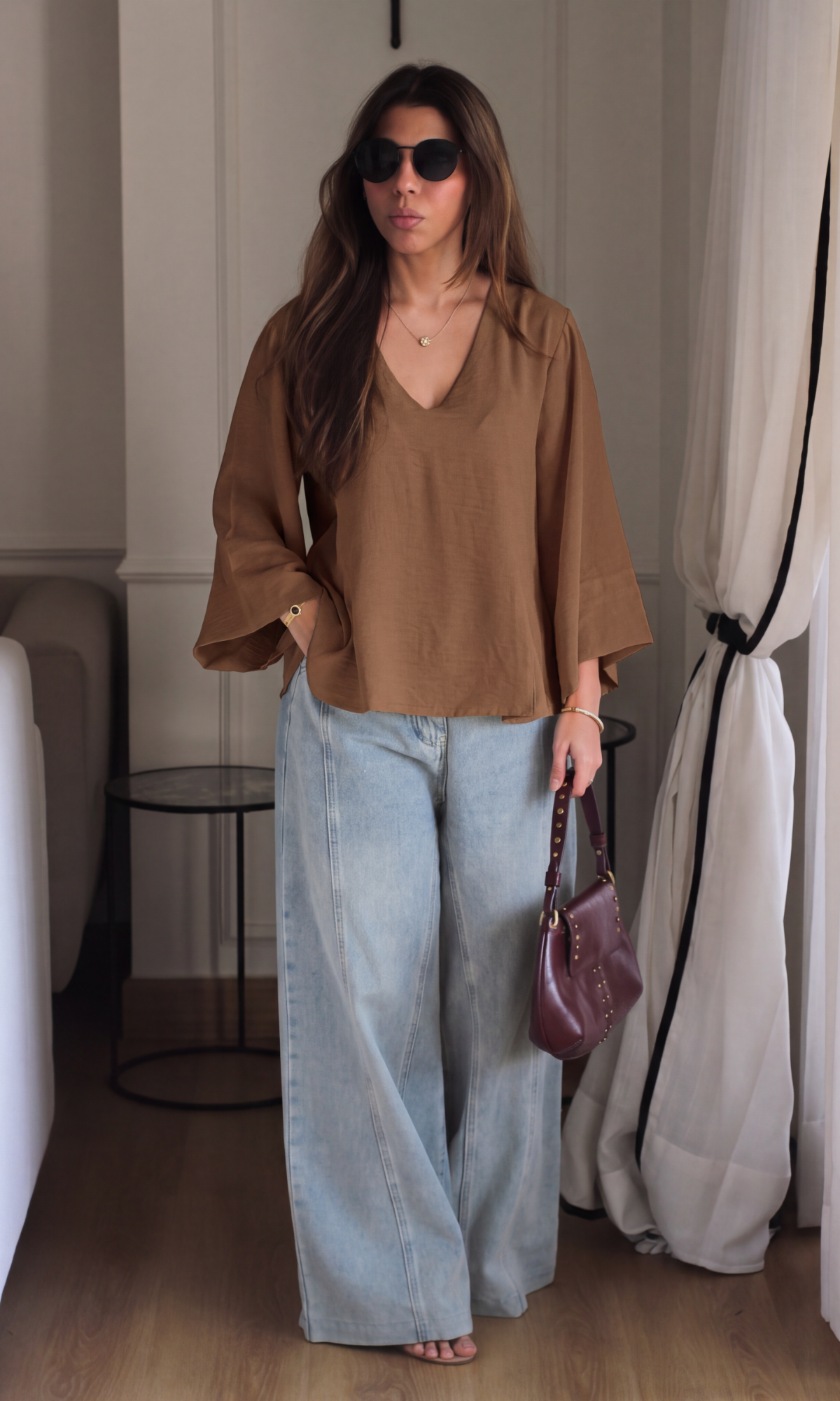 Toffee V-Neck Peplum Top