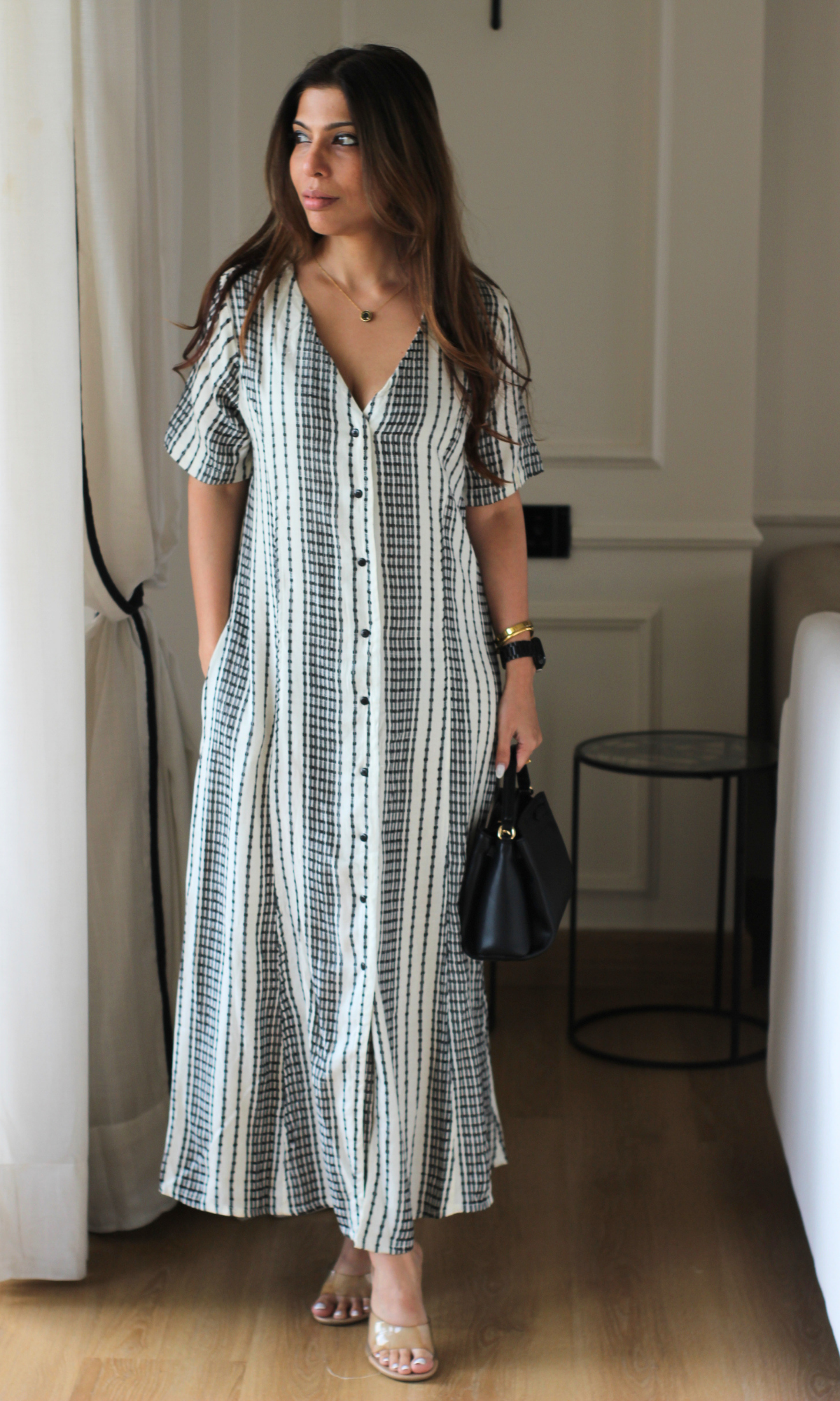 Ivory Dash Stripe V-Neck Dress