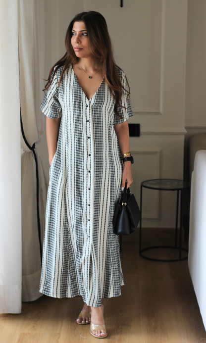 Ivory Dash Stripe V-Neck Dress