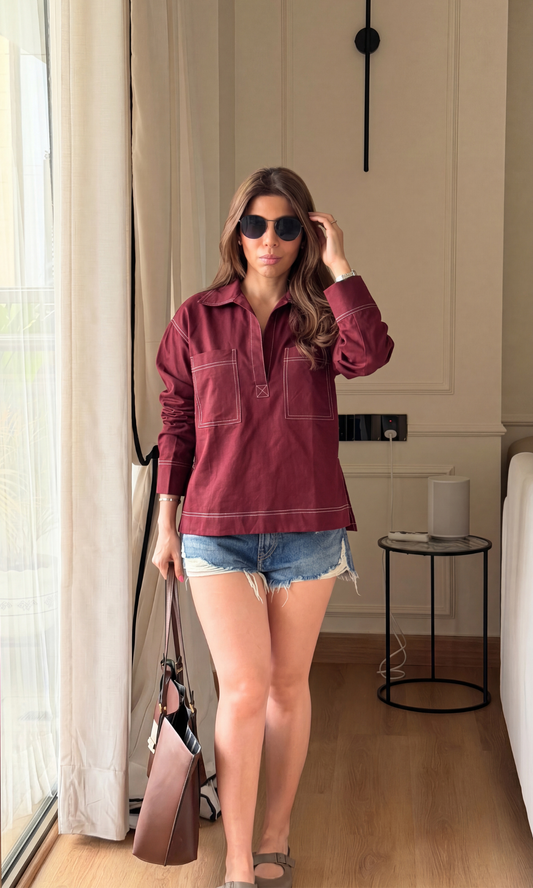 Burgundy Topstitch Utility Top