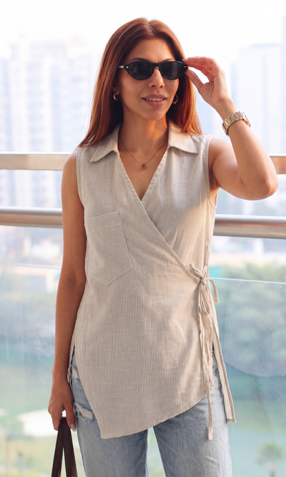 Oat Linear Cuts Kimono Top