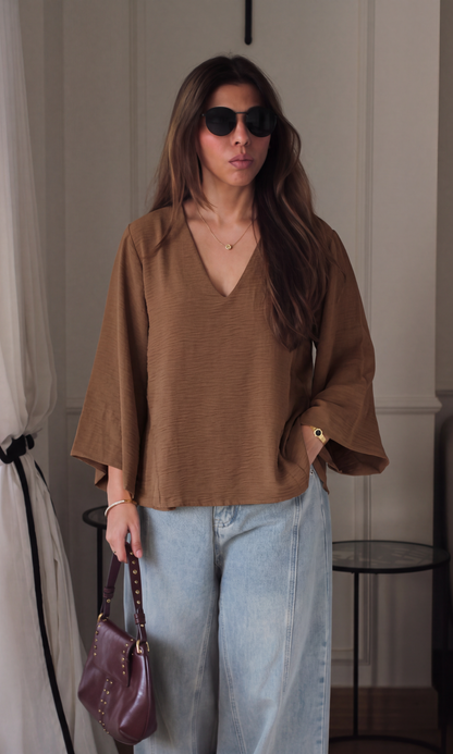 Toffee V-Neck Peplum Top