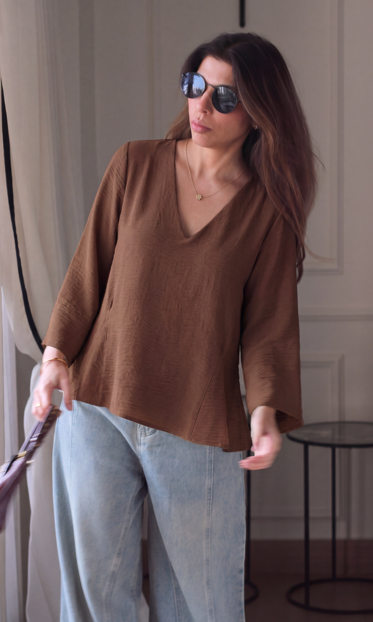 Toffee V-Neck Peplum Top