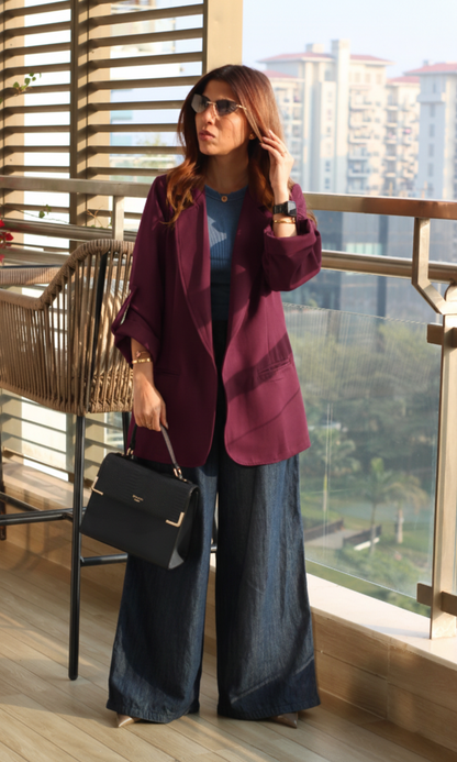 Wine Rolled-Up Sleeve Blazer Jacket