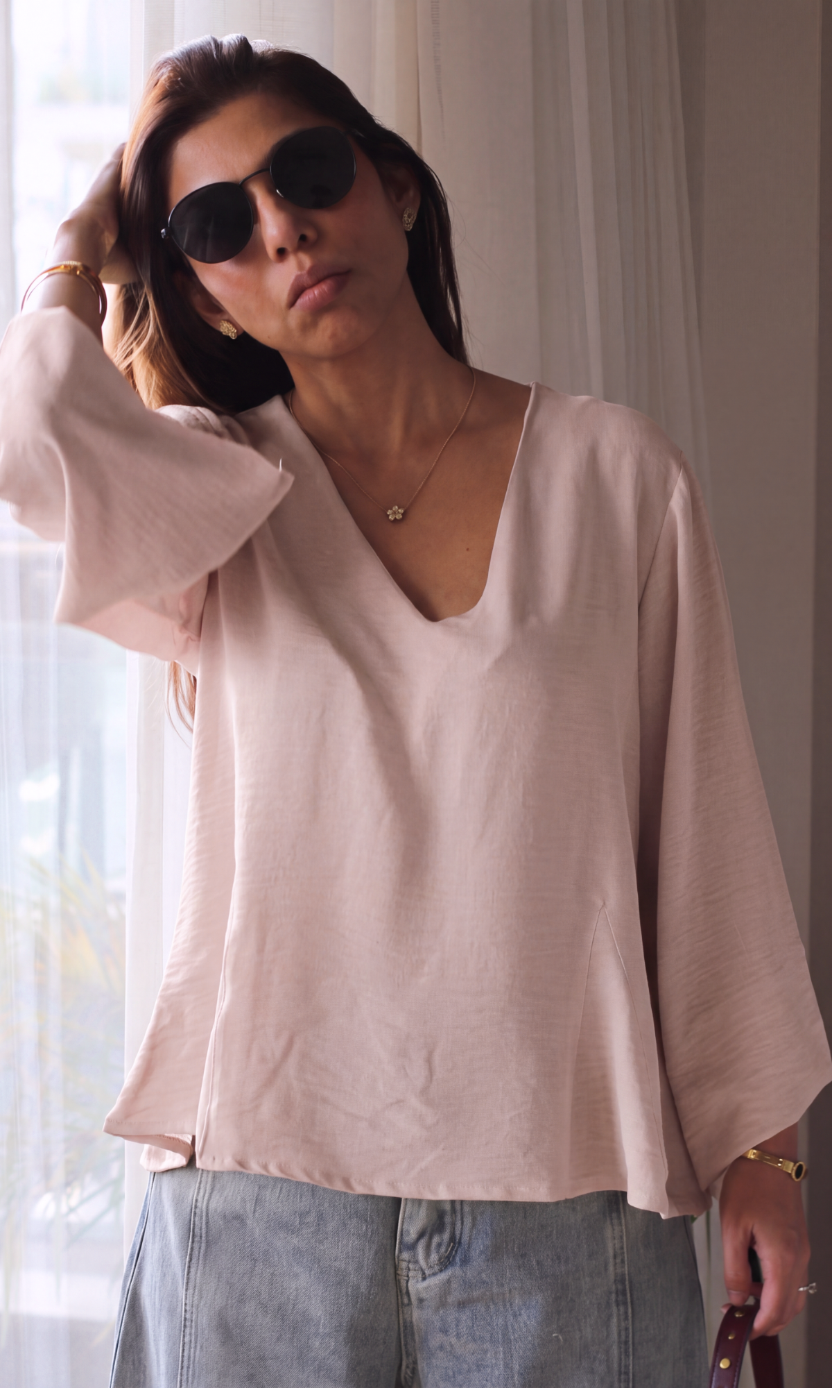 Soft Pink V-Neck Peplum Top