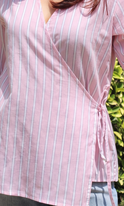 Pink-White Cotton Kimono Top