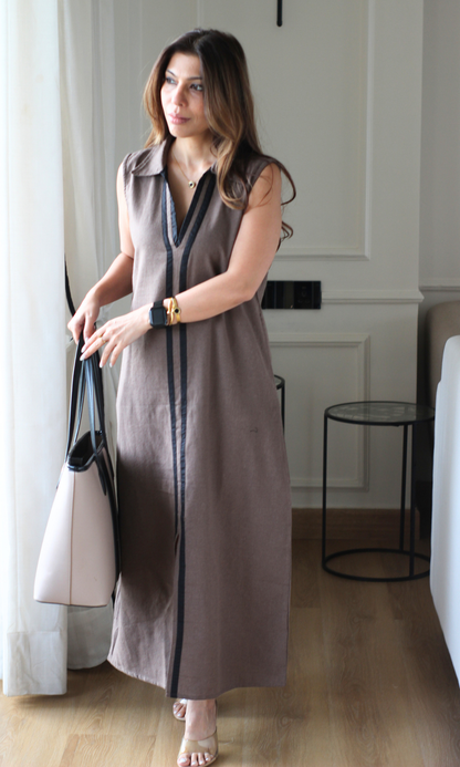 Mocha Contrast Tape Collared Sleeveless Column Dress