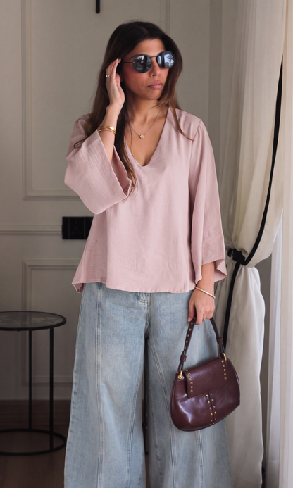 Soft Pink V-Neck Peplum Top
