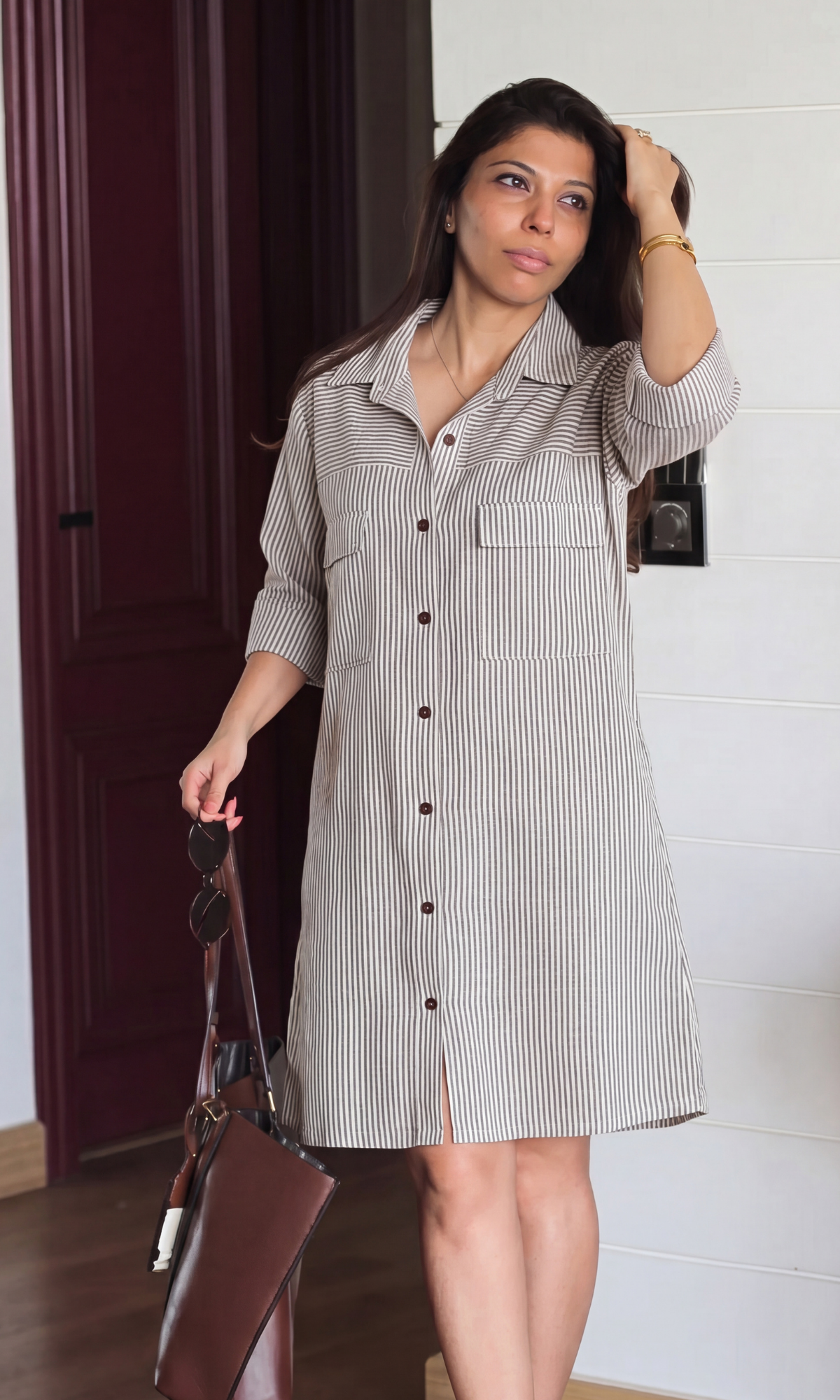Dual Flap Pocket Pinstripe Shirt Dress
