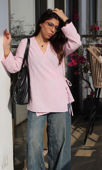 Pink-White Cotton Kimono Top