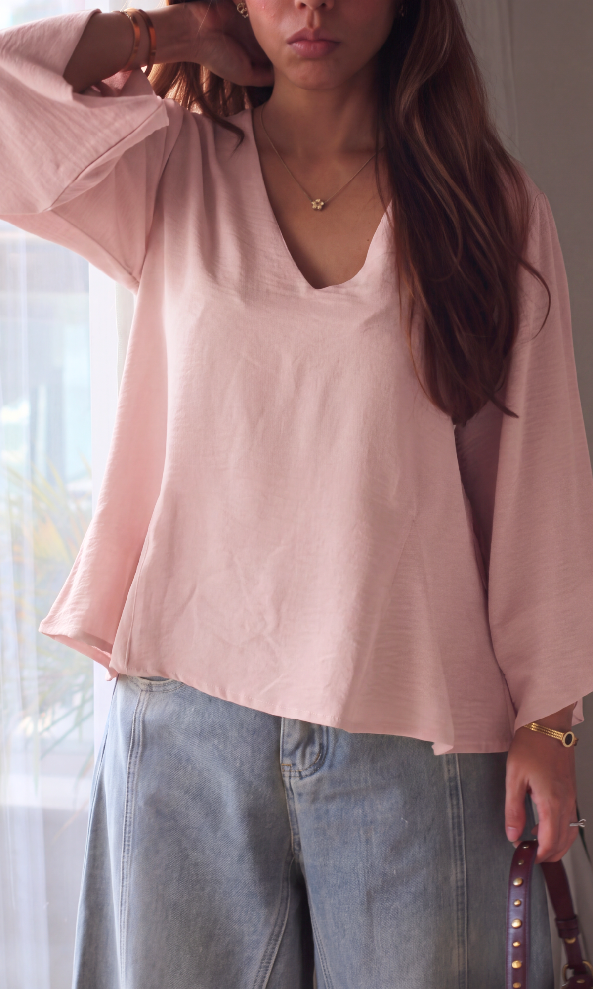 Soft Pink V-Neck Peplum Top