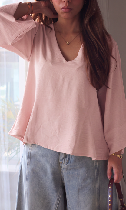 Soft Pink V-Neck Peplum Top