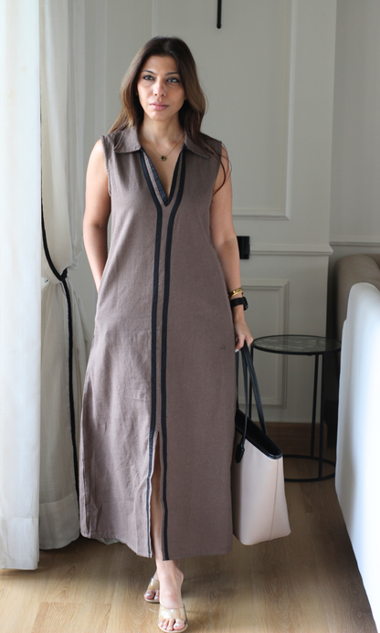 Mocha Contrast Tape Collared Sleeveless Column Dress
