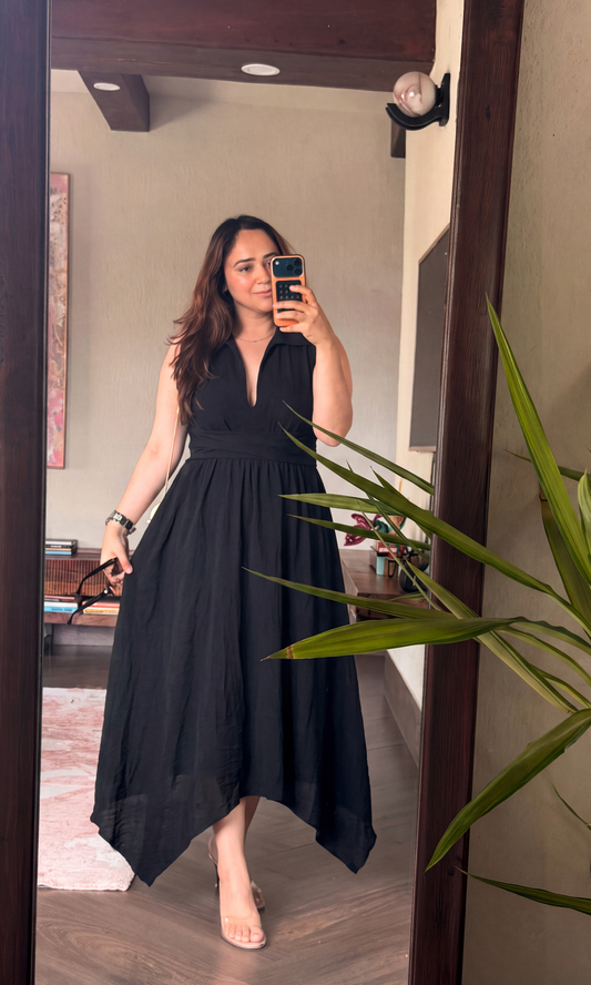 Black Handkerchief Hem Midi Dress