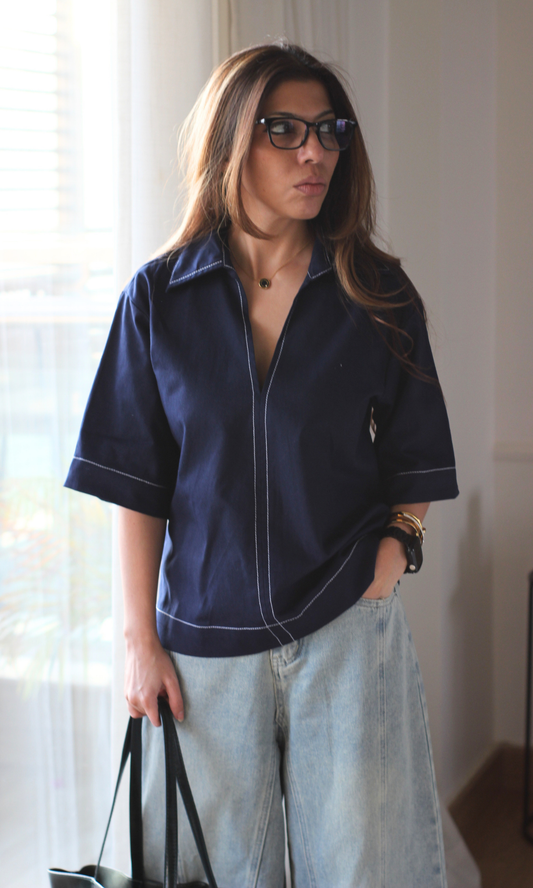 Cobalt Contrast Stitch Boxy V-Neck Top