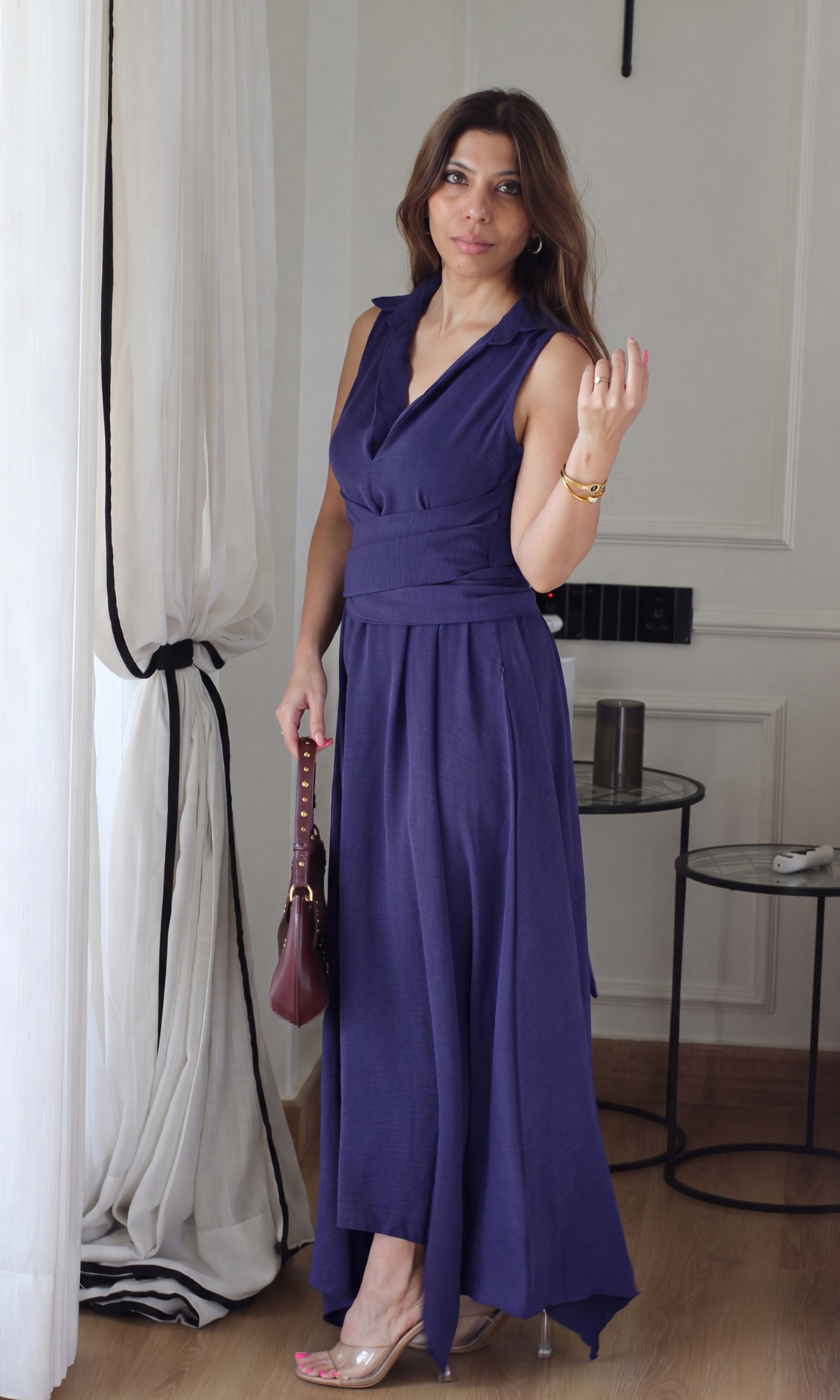 Purple Wrap Handkerchief Hem Midi Dress
