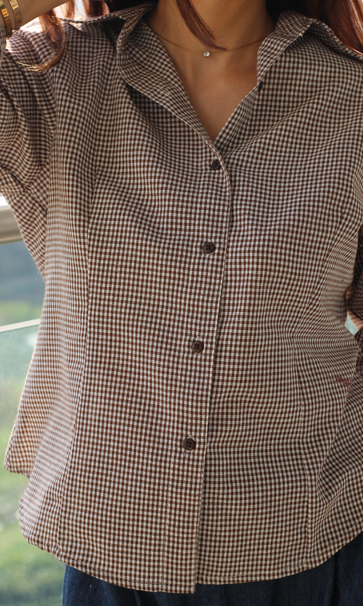 Mocha Micro-Check Peplum Shirt