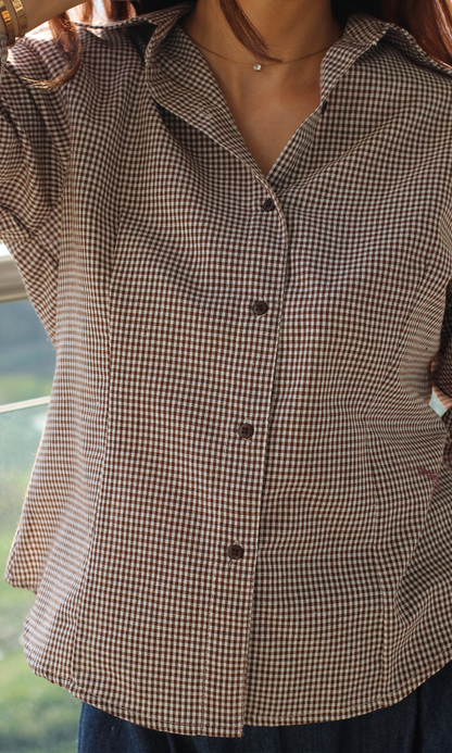 Mocha Micro-Check Peplum Shirt
