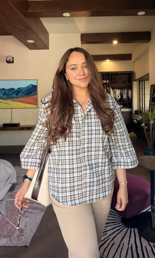 Beige-Black Flared Sleeved Shirt