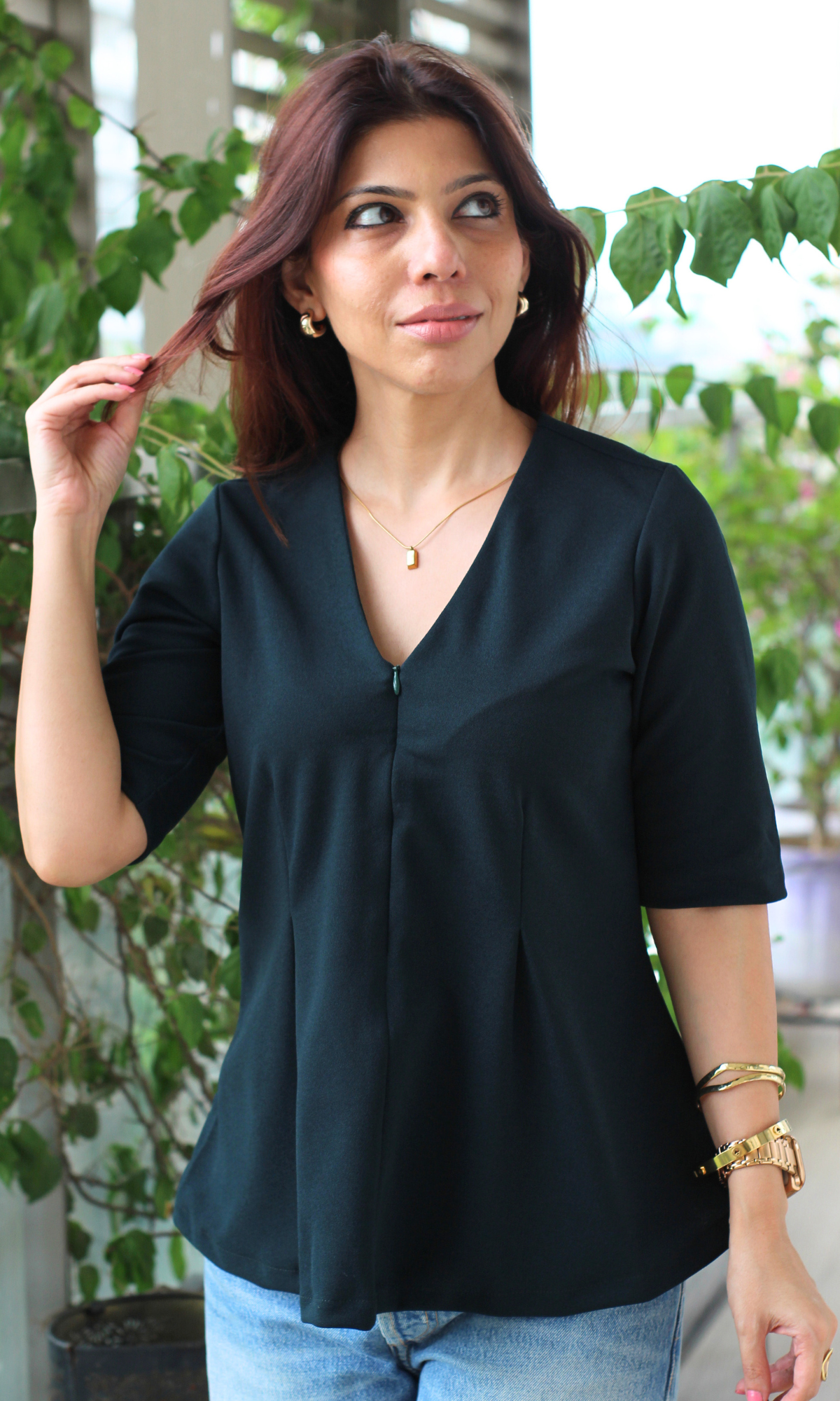 Dark Pine Sleek-Pleat Detail Top