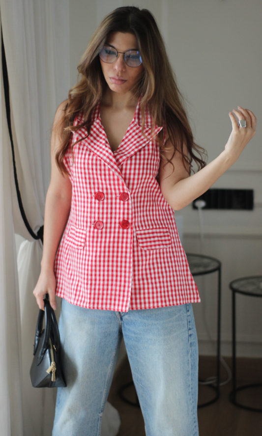 Red Gingham Double-Breasted Waistcoat