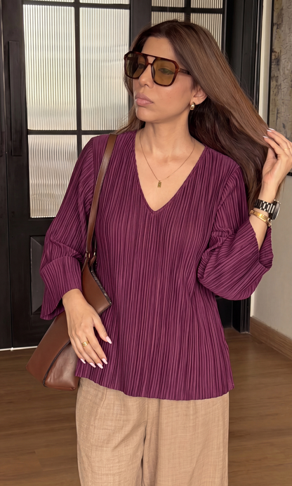 Wine Pleated V-Neck Top