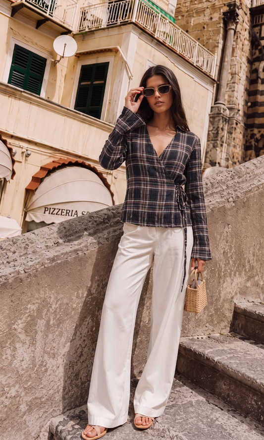 Brown Check Bell-Sleeve Kimono Top