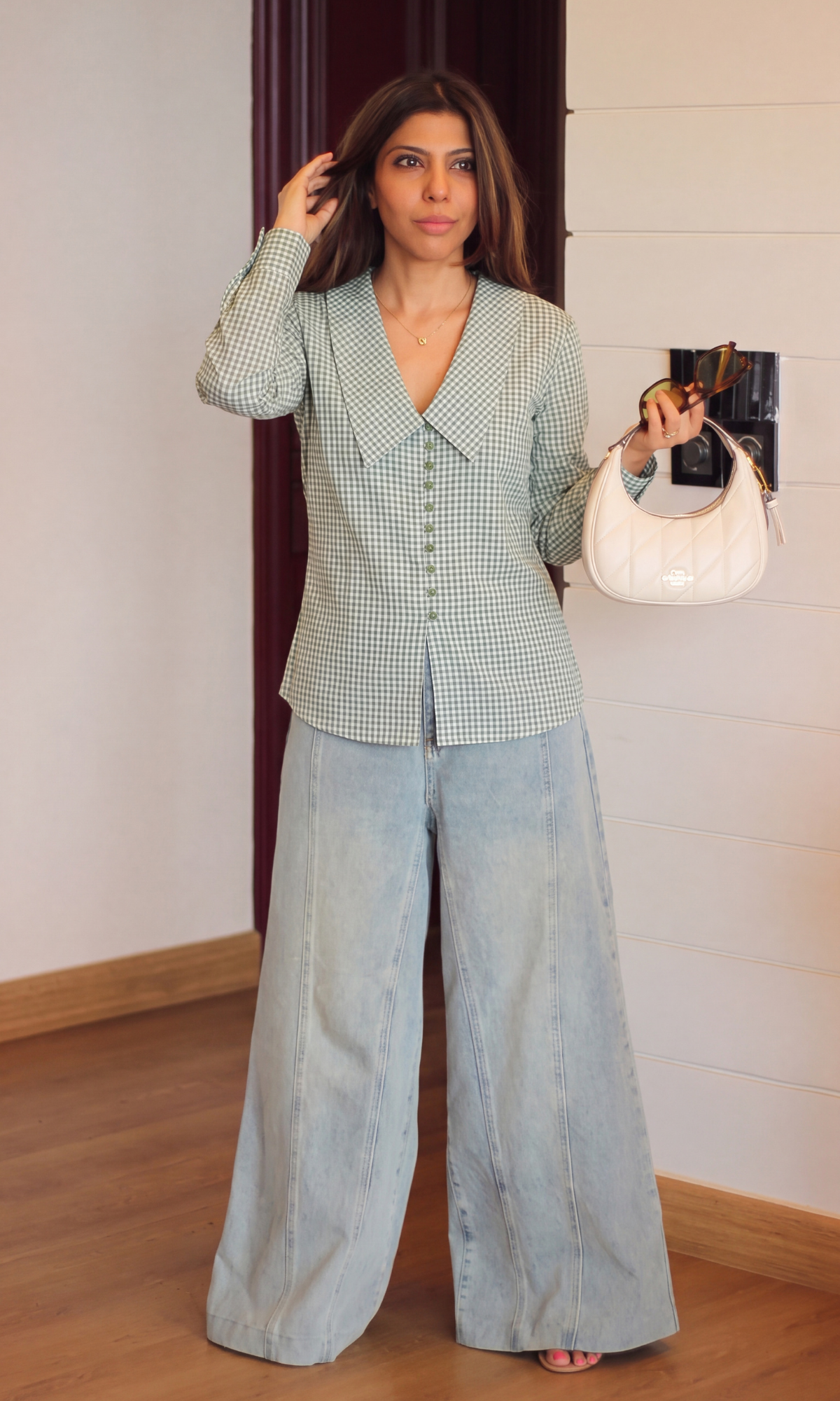 Sage Gingham Oversized Collar Sh