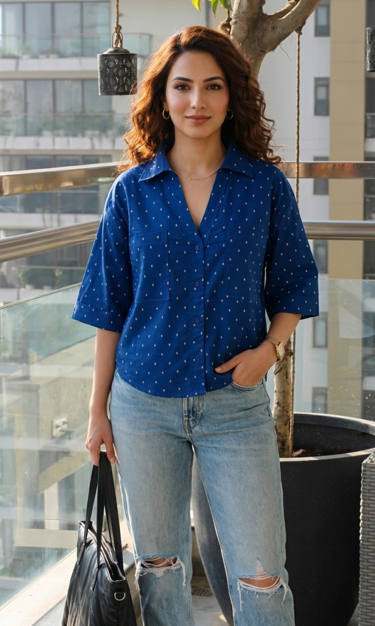 Indigo Dobby Cotton Cropped Shirt