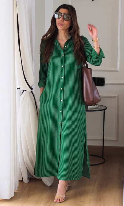 Green & Black Stripe Shirt Dress