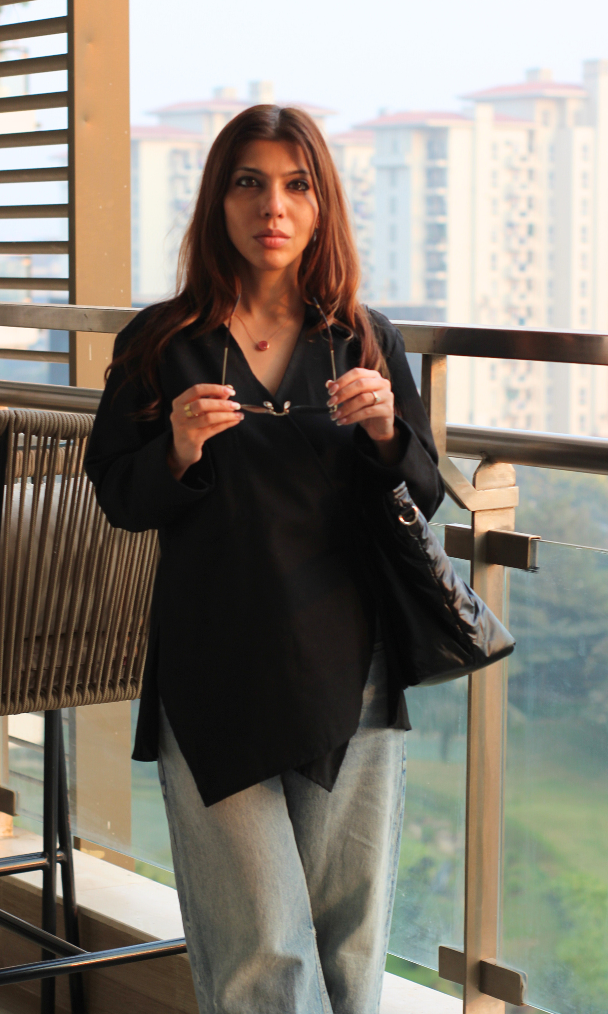 Black linen kimono top for women with cut-out detail and draped sleeves